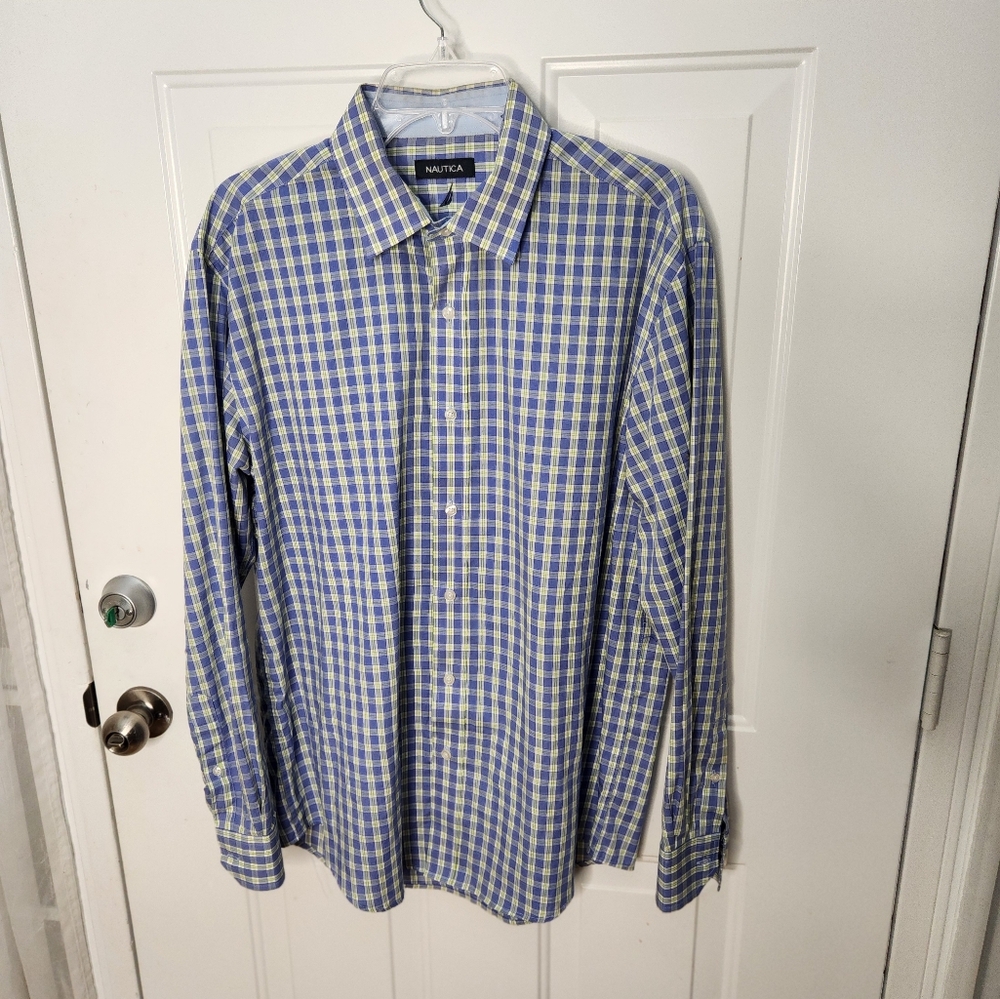 Nautica Long Sleeve‎ Purple Green and White Plaid Shirt  Size 16  34/35